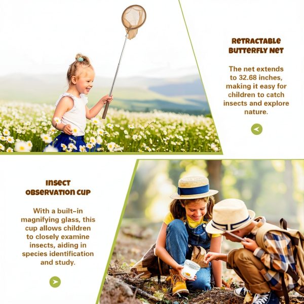 Bug Catcher for Kids & Kids Explorer Kit, Outdoor Toys with Portable Wooden Bug House, Butterfly Net, Magnifying Glass, 10 Insect ID Cards for Toddler 3-8 Year Old Outdoor Explore Toy Gift-3