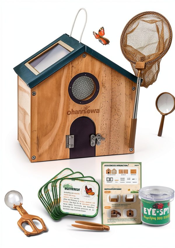 Bug Catcher for Kids & Kids Explorer Kit, Outdoor Toys with Portable Wooden Bug House, Butterfly Net, Magnifying Glass, 10 Insect ID Cards for Toddler 3-8 Year Old Outdoor Explore Toy Gift-0