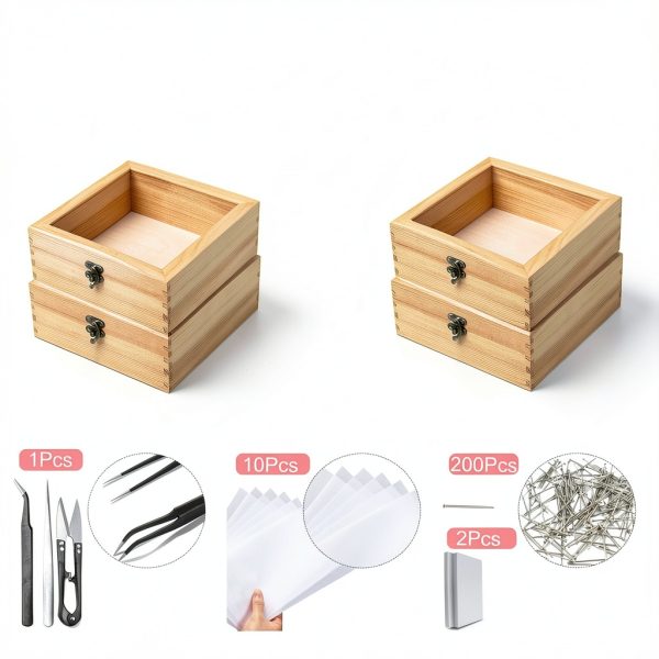20 PCS Insect Specimen Tools Kit 4 Wooden Display Case Box with Clear Top 10 Sheets Thin Tracing Paper 2 EVA Foam Pinning Board 200 Pins 2 Tweezers 1 Scissors Tools for Winter Bugs Collection-2